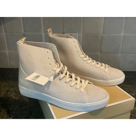 MICHAEL KORS “EDIE” HIGH TOP METALLIC KNIT SNEAKER SZ 8.5 $198 MSRP ANY OCCASION - Picture 1 of 10